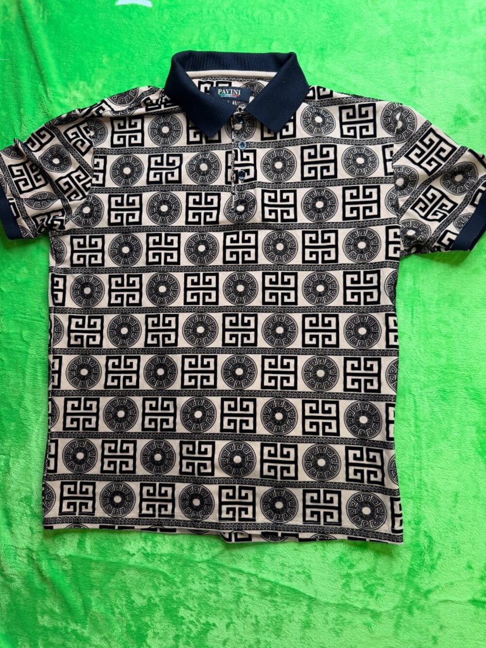 Pavini by Rocco Ravalli Polo Shirt Sz L Greek Key Medallion Tan Black